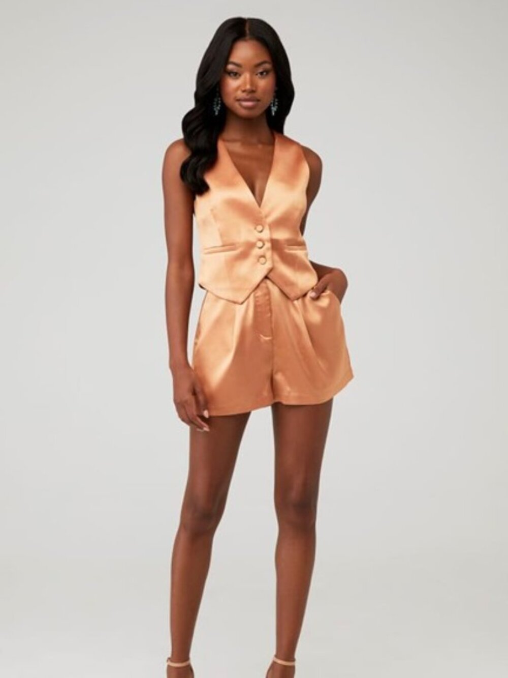 Ronny Kobo Satin High Waisted Shorts Peach XS Tailored Luxe